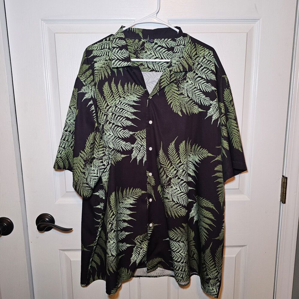 Mens Hawaiian Black and Green Fern Button-up Shirt 4XL